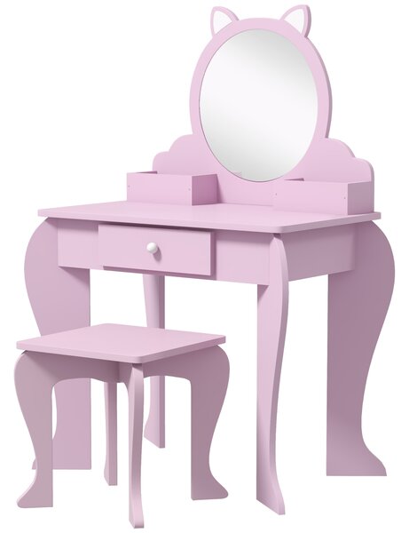 ZONEKIZ Children's Vanity Set with Mirror, Stool, Cat Theme, Drawer, Organiser Boxes for Ages 3-6, Pink