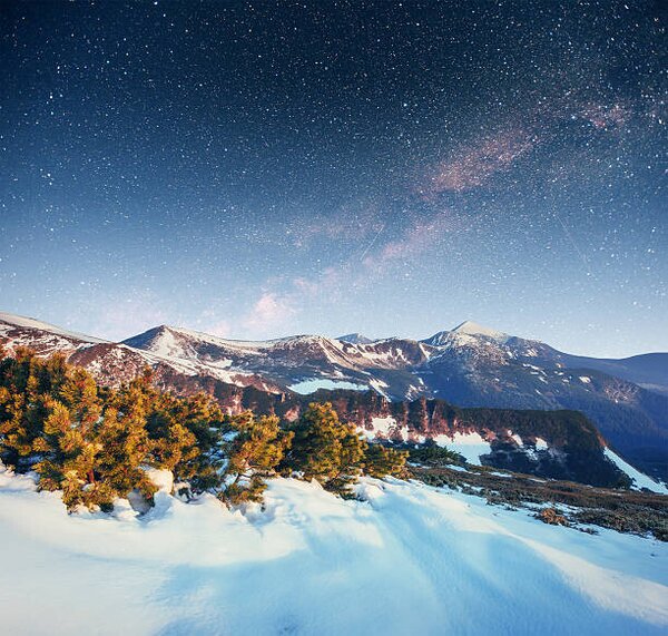 Photography starry sky in winter snowy night., standret, (40 x 40 cm)