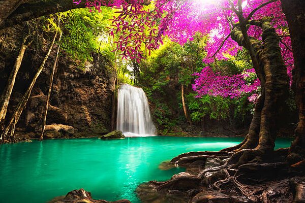 Photography Waterfall in autumn forest, Busakorn Pongparnit