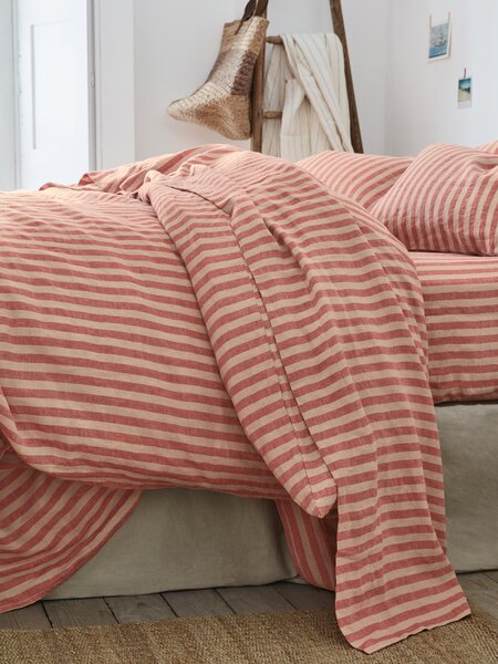 Sandstone Red Pembroke Stripe 100% Linen Flat Sheet | Single | Piglet in Bed