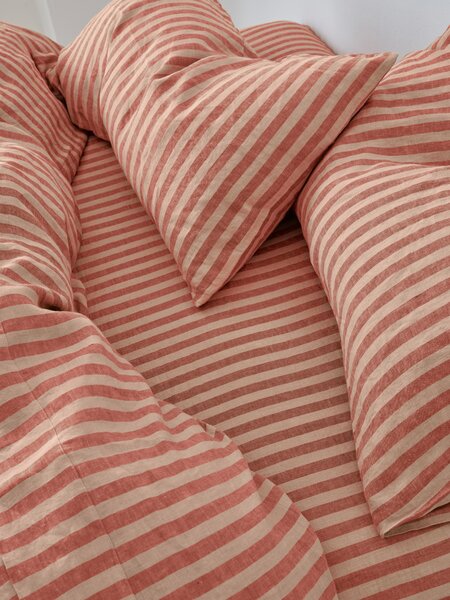 Sandstone Red Pembroke Stripe Linen Blend Fitted Sheet | Super King | Piglet in Bed