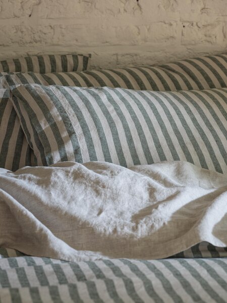Fern Green Pembroke Stripe Linen Blend Pillowcases (Pair) | Standard | Piglet in Bed