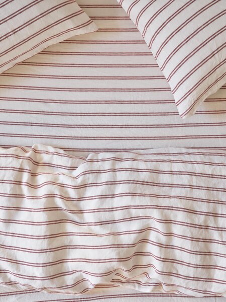 Rhubarb Kemptown Stripe Linen Blend Fitted Sheet | Single | Piglet in Bed