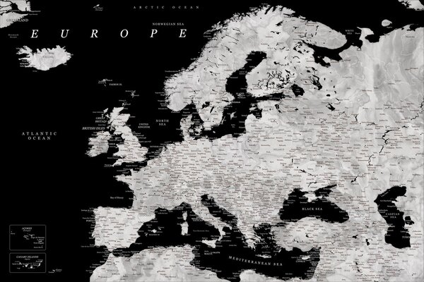 Map Black and grey detailed map of Europe in watercolor, Blursbyai, (40 x 26.7 cm)