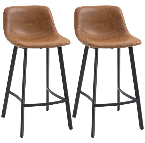HOMCOM Bar Stools Set of 2, Industrial Kitchen Stool, Upholstered Bar Chairs with Back, Steel Legs, Brown