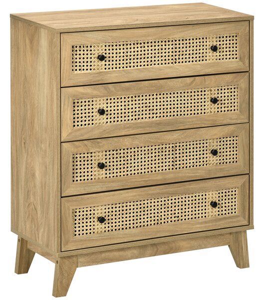 HOMCOM Storage Cabinet, 4-Drawer Unit with Rattan Element for Bedroom, Living Room, 80cmx35cmx95cm, Wood Effect