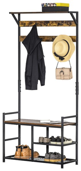 HOMCOM Coat Rack with Shoe Storage Bench, 9 Hooks Shelves for Entryway Bedroom, Brown and Black, 180cm