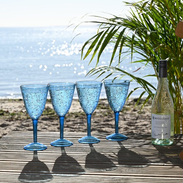 Set of 4 Blue Linear Wine Glasses Blue