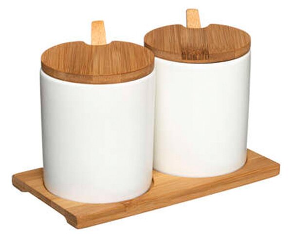 Set of 2 Bamboo & Ceramic Spice Jars Brown/White
