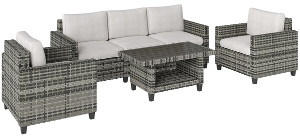 Outsunny 6 Pieces Rattan Garden Furniture Set, 5 Seater Wicker Outdoor Furniture Set with 2 Armchairs, Steel Frame Coffee Table and Cushions for Balcony, Porch, Light Grey