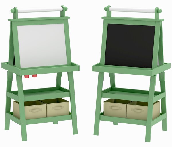 AIYAPLAY 3 in 1 Kids Art Easel, Double-Sided Magnetic Whiteboard and Chalkboard with Paper Roll, Storage Baskets, Painting Easel for Kids, Green Aosom UK