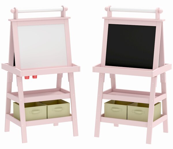 AIYAPLAY 3-in-1 Kids Easel, Double-Sided Magnetic Whiteboard & Chalkboard with Paper Roll and Storage Baskets, Pink Aosom UK