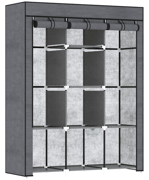 HOMCOM Fabric Wardrobe, Portable Wardrobe, Clothes Storage Unit with 8 Shelves, 2 Hanging Rods, 125 x 43 x 162.5 cm, Dark Grey