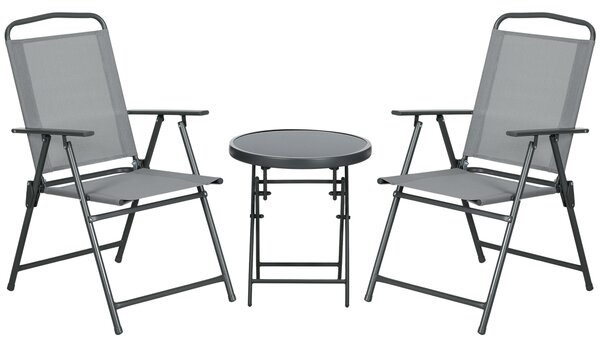 Outsunny 3 Pcs Garden Table and Chairs, Outdoor Bistro Set, Patio Conversation Furniture Set w/ Foldable Armchairs, Glass Top Coffee Table, Light Grey