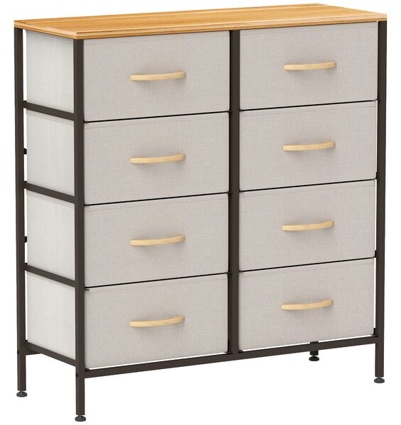 HOMCOM Fabric Chest of Drawers, Industrial Storage Bedroom Dresser with 8 Fabric Drawers, Steel Frame and Wooden Top for Nursery, Living Room, Hallway, Cream White