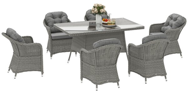 Outsunny 6 Seater Rattan Dining Set with Seat and Back Cushions, PE Rattan Garden Furniture Set, Outdoor Dining Table and Chairs, Rectangular Glass Top Table with Umbrella Hole, Light Grey