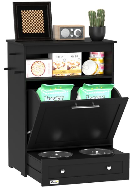 PawHut Pet Feeder Station, Dog, Cat Storage Container, with Raised Bowls, Hanger, Cabinet - Black
