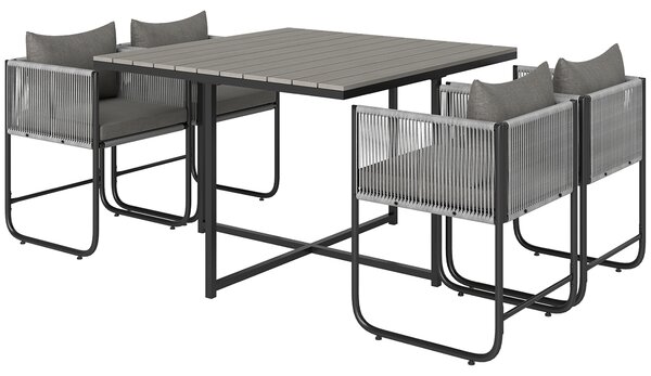 Outsunny 4 Seater Rattan Cube Garden Furniture Set, Rattan Dining Set with Cushions, Outdoor Dining Table and Chairs with Rectangular Wood Grain Plastic Top Table for Patio, Balcony, Grey