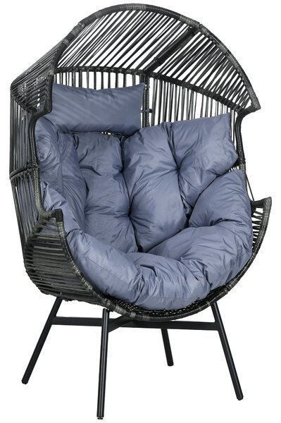 Outsunny PE Rattan Leisure Chair with 14cm Thick Seat Cushion, Steel Frame Garden Egg Chair with Comfortable Headrest, Adjustable Feet, Mixed Grey