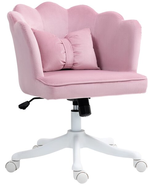 HOMCOM Velvet Office Chair with Petal Shell Back and Lumbar Pillow, Armless Desk Chair with Wide Seat and Tilt Function, Height Adjustable Swivel Makeup Vanity Chair for Bedroom, Pink