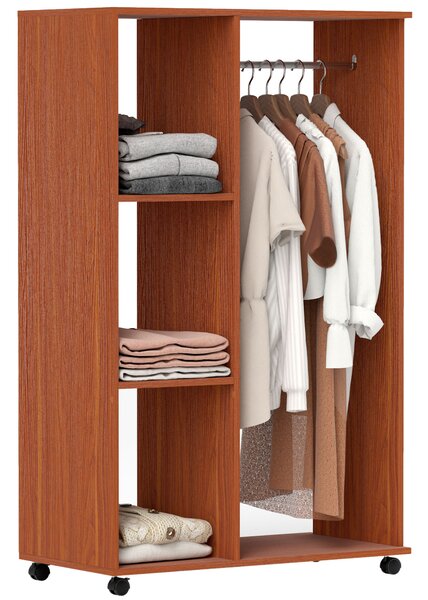 HOMCOM Bedroom Open Wardrobe, Hanging Rail with Storage Shelves, Mobile Clothes Organizer on Wheels, Walnut Aosom UK