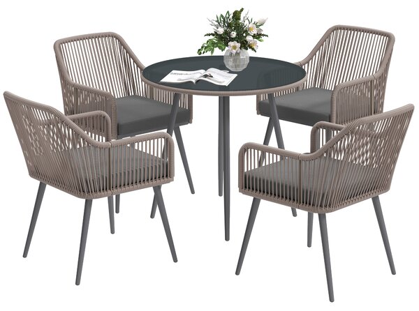 Outsunny 4 Seater Rattan Dining Set, Rattan Garden Furniture Set with Parasol Hole, Cushions, Glass Top Table for Patio, Balcony, Light Brown