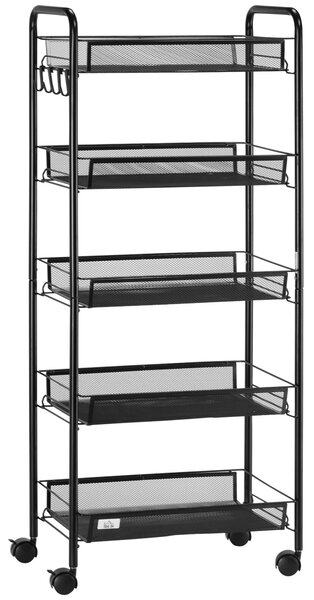 HOMCOM 5 Tier Utility Rolling Cart, Metal Storage Cart, Kitchen Cart with Removable Mesh Baskets, for Living Room, Laundry, Garage and Bathroom, Black