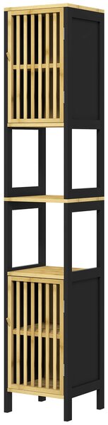 HOMCOM Tall Bathroom Storage Cabinet, Slim Bamboo Bathroom Cabinet with 2 Open Compartments, 2 Slatted Doors and Adjustable Shelves, Black Aosom UK