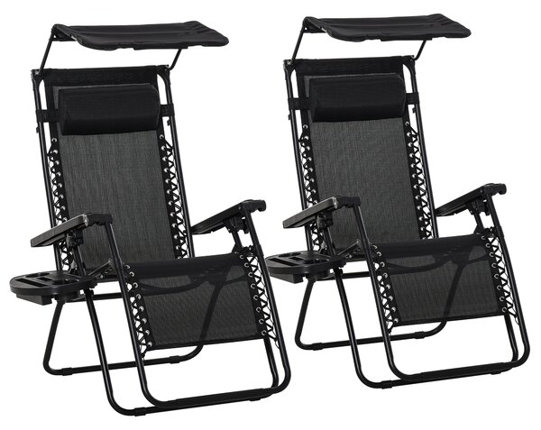 Outsunny 2 Piece Foldable Reclining Garden Chairs with Headrest, Zero Gravity Deck Sun Loungers Seat Chair with Footrest, Armrest, Cup Holder & Canopy Shade, Black