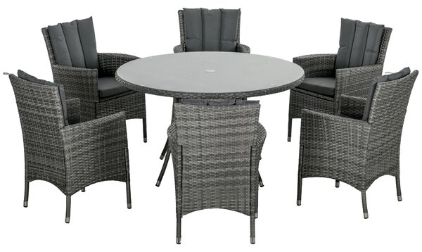 Outsunny 7 Pieces PE Rattan Dining Set w/ Cushions, Garden Furniture Set w/ Six Armchairs, Patio Conservatory w/ Tempered Glass Tabletop