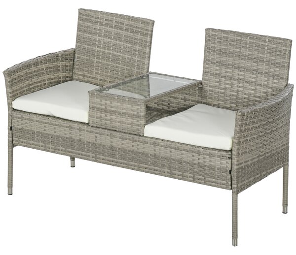 Outsunny Garden Loveseat 2 Seater Rattan Chair for Garden Outddor, with Glass-top Middle Table, Padded Cushions, Grey Aosom UK