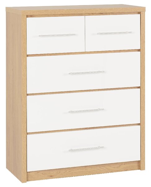Samaira High Gloss Chest Of 5 Drawers In White And Light Oak