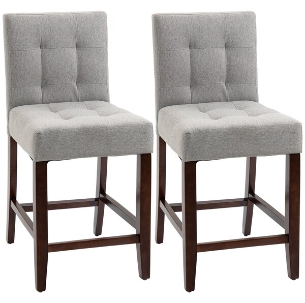 HOMCOM Set of 2 Fabric Bar Stools, Modern Kitchen Chairs with Tufted Back, Thick Padding, Wood Legs, Grey