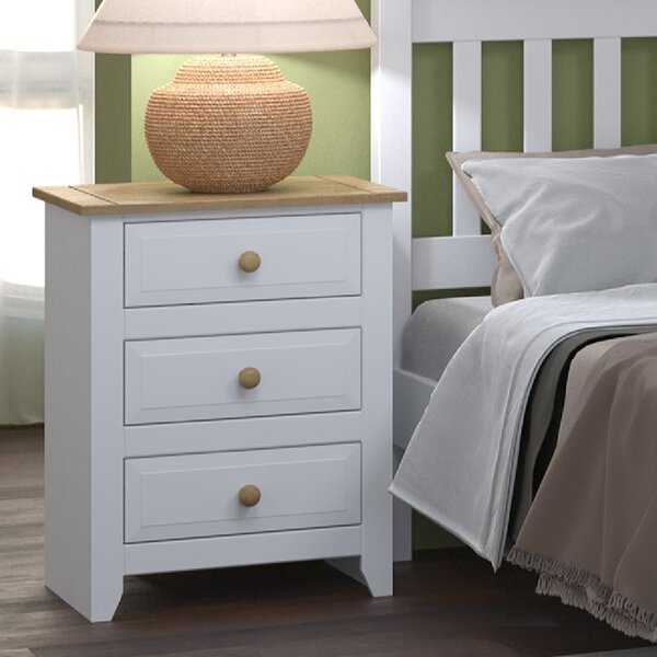 Chatfield Wooden Bedside Cabinet With 3 Drawers In White And Oak