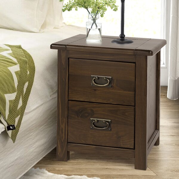 Birtley Wooden Wide Bedside Cabinet With 2 Drawers In Dark Brown