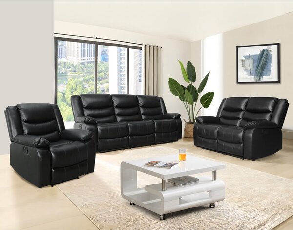 Sorreno 3+2+1 Bonded Leather Recliner Sofa Set In Black