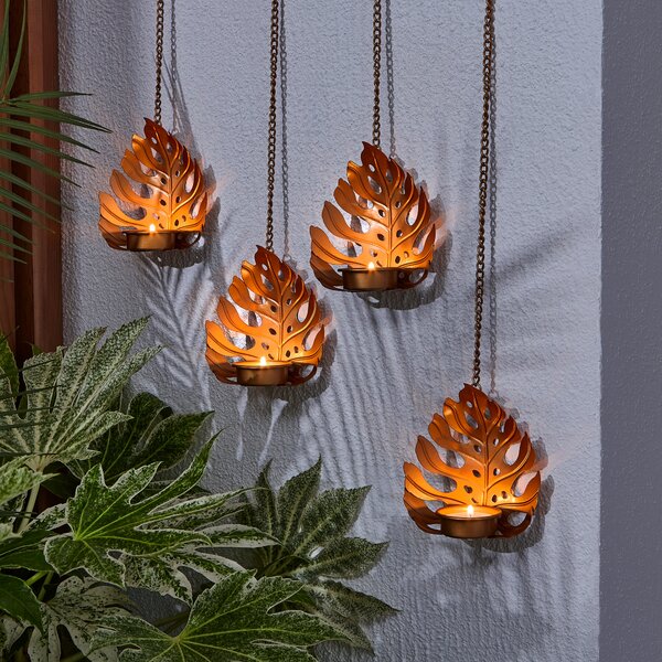 Set of 4 Hanging Gold Leaf Indoor Outdoor Tea Lights Gold
