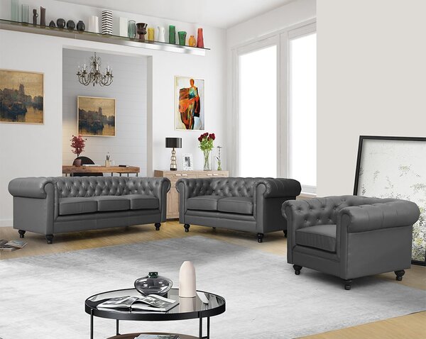 Hertford Chesterfield Faux Leather 3+2+1 Sofa Set In Dark Grey