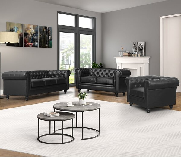 Hertford Chesterfield Faux Leather 3+2+1 Sofa Set In Black