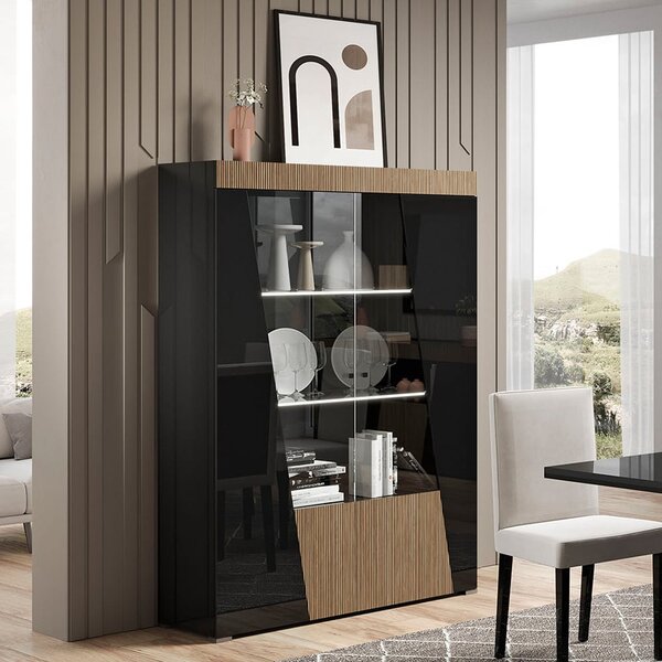 Enna High Gloss Display Cabinet In Black With 2 Doors And LED