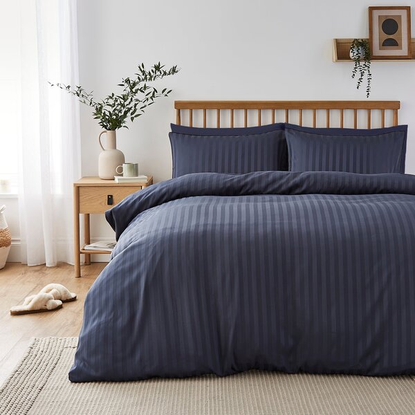 Super Soft Microfibre Stripe Duvet Cover and Pillowcase Set Navy (Blue)