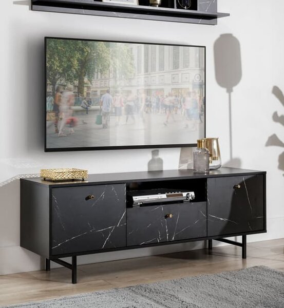 Venice Wooden TV Stand 2 Doors 1 Drawer In Black Marble Effect