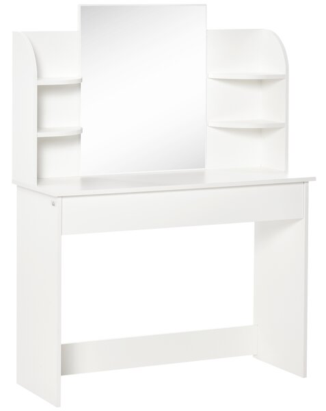 HOMCOM Modern Dressing Table Writing Desk W/ Mirror, Big Drawers, 2-Tier Open Shelf For Home Bedroom White