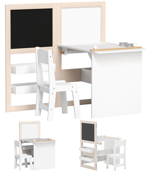 AIYAPLAY 3 in 1 Kids Table and Chair Set with Storage, Whiteboard, Blackboard & Roll Paper for 3-8 Years, White