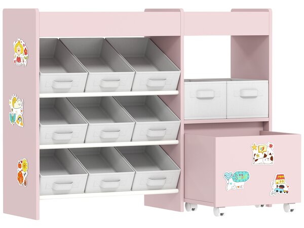AIYAPLAY Kids Toy Storage Unit with 11 Bins, Cabinet, Top Shelves, 3 Stickers, for Nursery, Playroom, Pink
