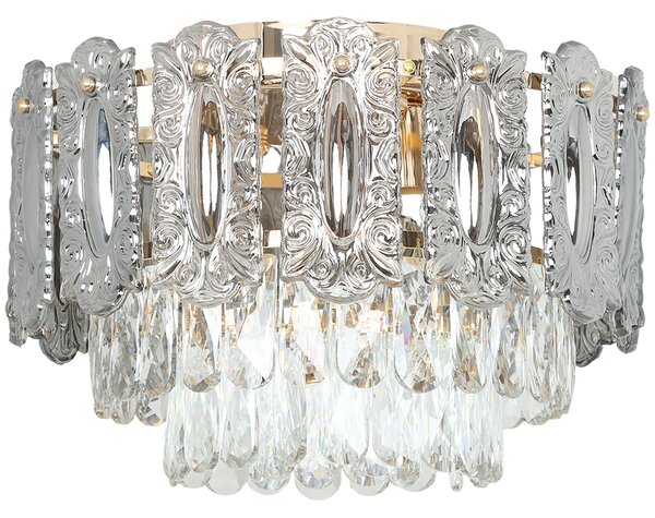 HOMCOM Chandelier Ceiling Light, 3-Light Vintage Flush Mount Fixture with Dual Crystal and Smoke Glass Shade, LED Ceiling Light for Living Room Bedroom, 3 E27 Sockets, Bulbs Not Included, Gold Tone