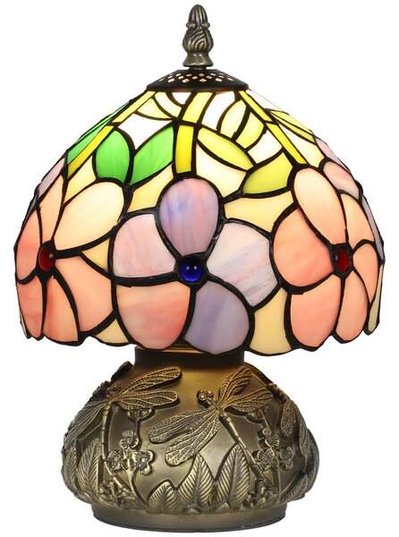 HOMCOM Tiffany-Style Table Lamp with Sculpted Dragonfly Base, Handcrafted Antique Stained Glass Bedside Lamp for Living Room and Bedroom, E27 Socket, Pink
