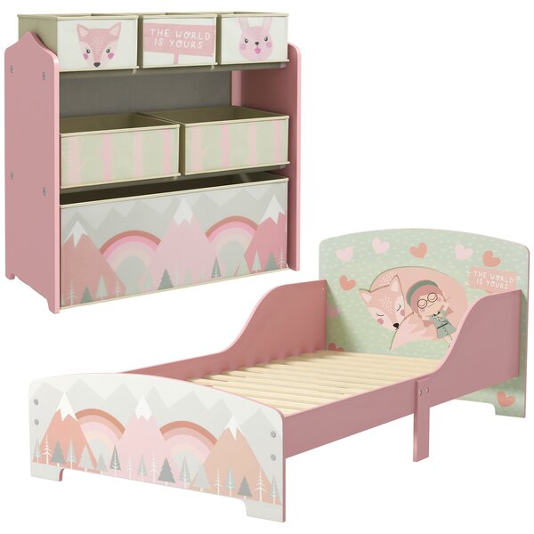 ZONEKIZ Toddler Bed Frame, Kids Storage Shelf Unit with 6 Fabric Bins for Ages 3-6 Years, Pink Aosom UK