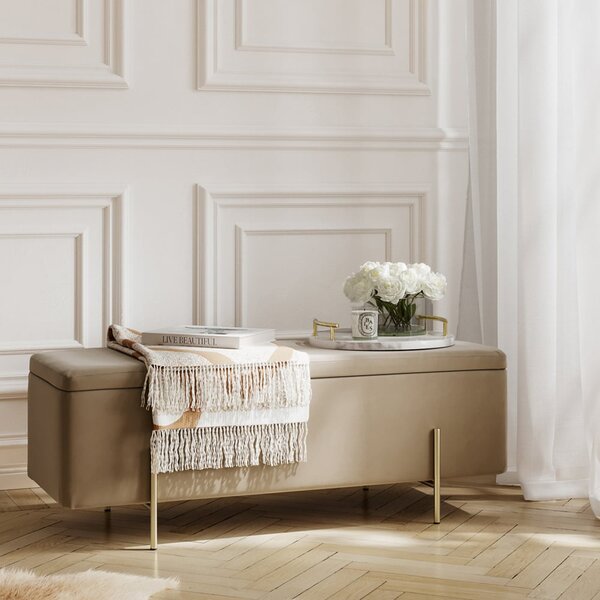 Lola Velvet Storage Ottoman With Gold Legs In Beige