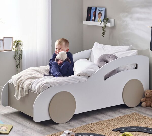 Abana Wooden Children Car Bed In White And Taupe